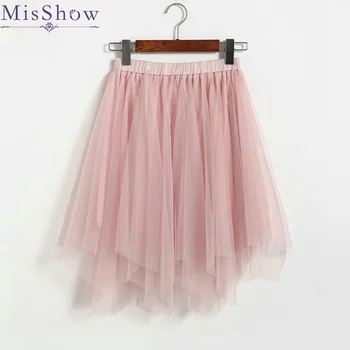 

2019 Spring Vintage Skirts Womens Elastic High Waist Tulle 3 Layers Mesh Skirt Short Pleated Asymmetric Tutu Skirt Female Jupe