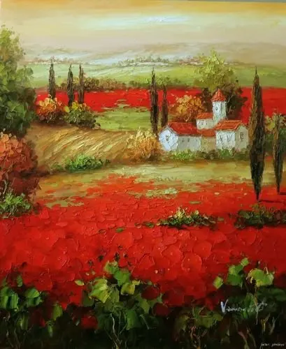 Тоскана Закат Красный мак полевой дома картина маслом | Дом и сад