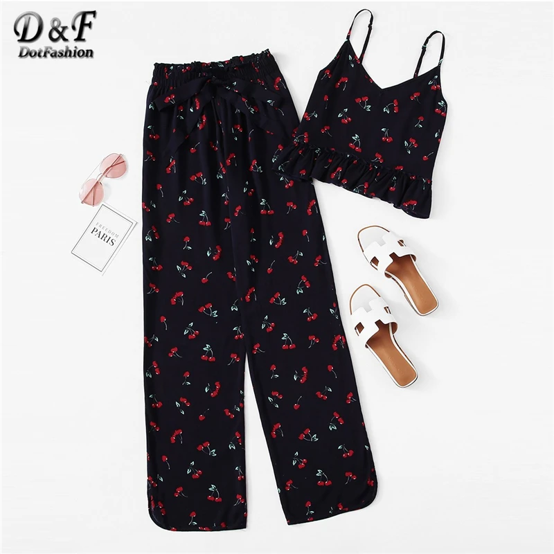 

Dotfashion Navy Cherry Print Ruffle Cami And Pants PJ Set Sexy Pajamas For Women 2019 Summer Casual Loungewear Kawaii Nightwear