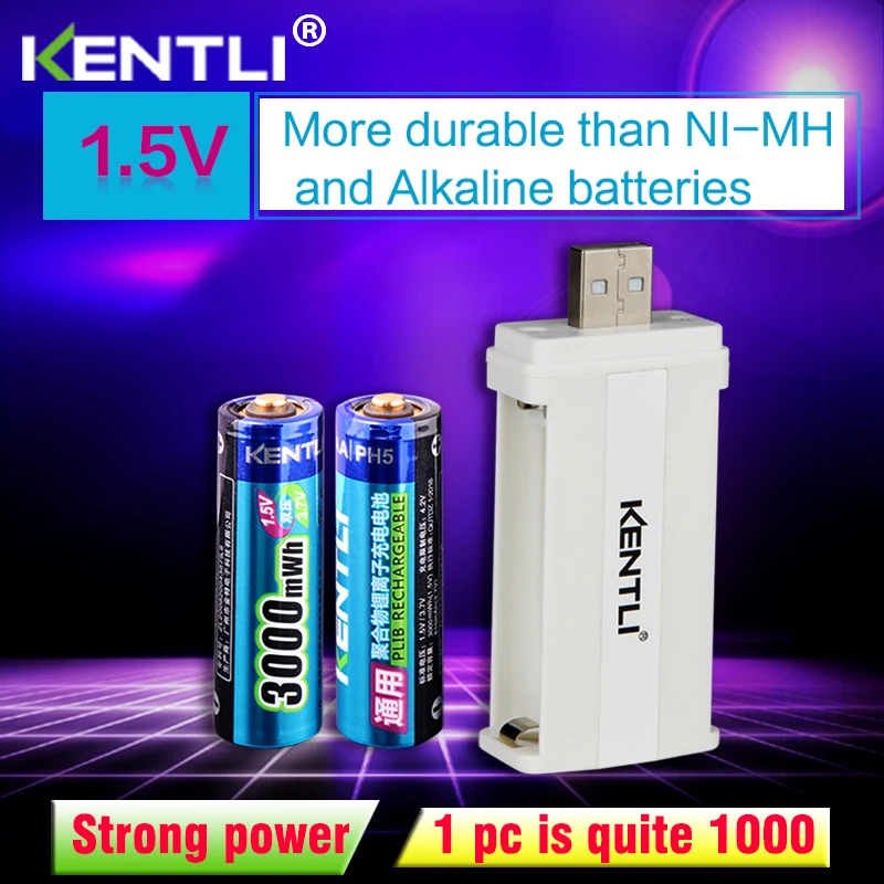 2pcs KENTLI 1.5v 3000mWh Li-polymer li-ion lithium rechargeable AA battery batterie + 2slots CU57 charger2pcs KENTLI 1.5v 3000mW
2pcs KENTLI 1.5v 3000mWh Li-polymer li-ion lithium rechargeable AA battery batterie + 2slots CU57 charger2pcs KENTLI 1.5v 3000mW