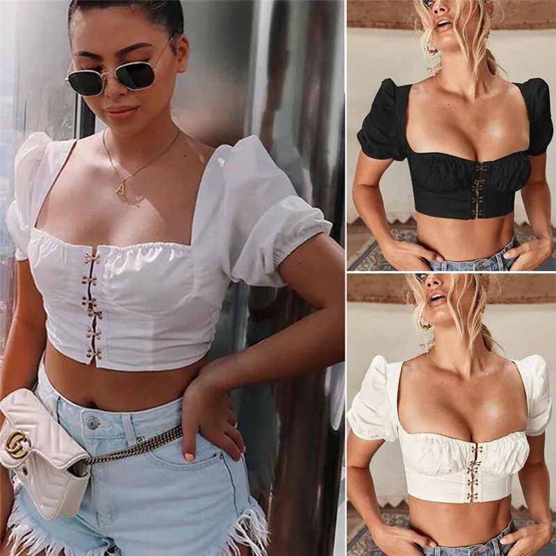 2019 Retro Women Strapless Crop Tops Short Puff Sleeve Low-cut T-Shirts Ladies Solid Color Slim Tops Women Midriff-baring Tops
2019 Retro Women Strapless Crop Tops Short Puff Sleeve Low-cut T-Shirts Ladies Solid Color Slim Tops Women Midriff-baring Tops