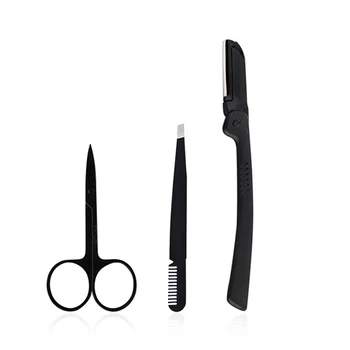 

3pcs Stainless Steel Eyebrow Tweezers Scissors Razor Brush Makeup Tool Set Eye Brow Hair Removal Shaper for Men Women