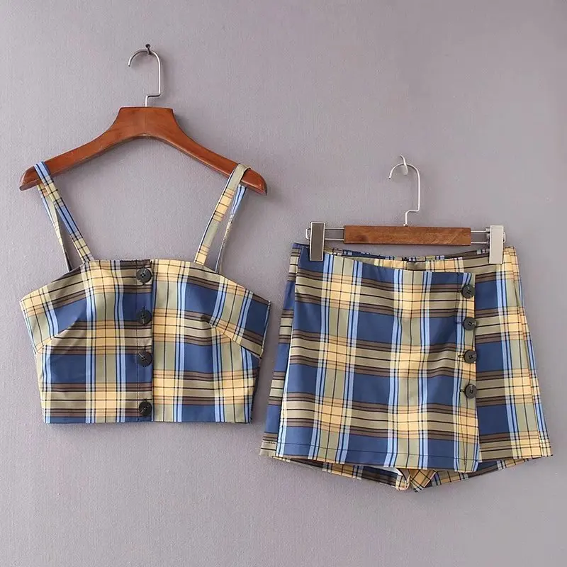 2019 Summer New Arrival Fashion 2 Piece Set Women Plaid Sling Vest + Irregular Skirt Shorts Set Buttons Decorated Free Shipping
2019 Summer New Arrival Fashion 2 Piece Set Women Plaid Sling Vest + Irregular Skirt Shorts Set Buttons Decorated Free Shipping