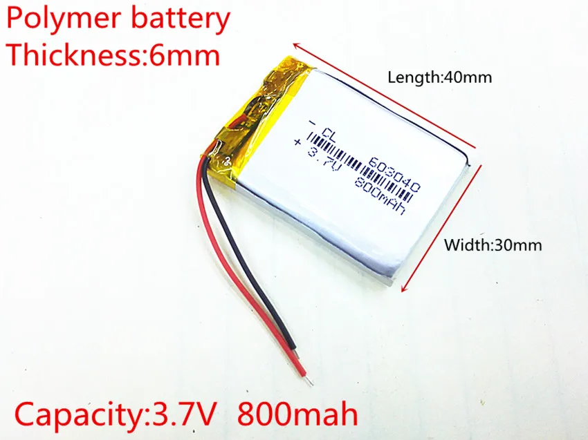 Liter energy battery 3.7V lithium polymer rechargeable battery 603040 3.7V 800mAh 063040 GPS navigator MP3 Bluetooth speaker
Liter energy battery 3.7V lithium polymer rechargeable battery 603040 3.7V 800mAh 063040 GPS navigator MP3 Bluetooth speaker