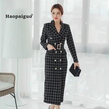 Women Autumn Pencil Dress Black Black Plaid Long Sleeve Notched Knee-length Office Lady Club Dress Vintage Party Wrap Dresses
Women Autumn Pencil Dress Black Black Plaid Long Sleeve Notched Knee-length Office Lady Club Dress Vintage Party Wrap Dresses