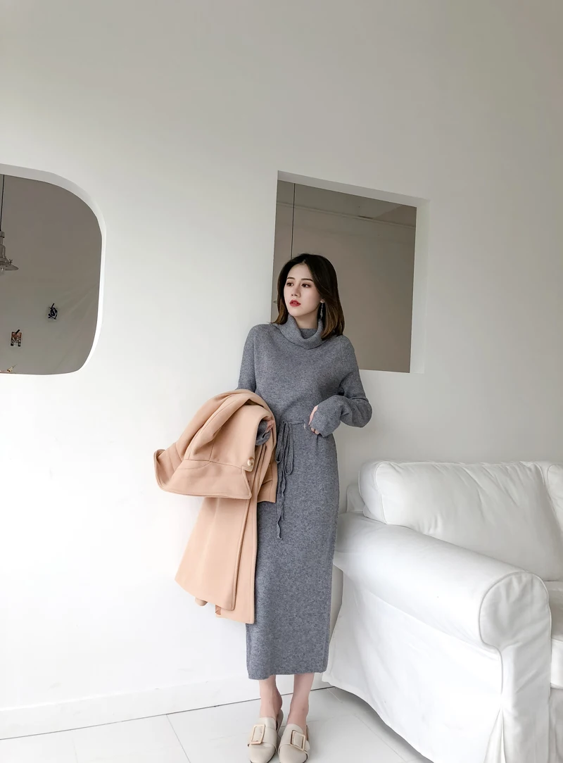 Winter Turtleneck Lace Up Knitted Long Full Sleeve Dress Winter Turtleneck Lace Up Knitted Long Full Sleeve Dress
