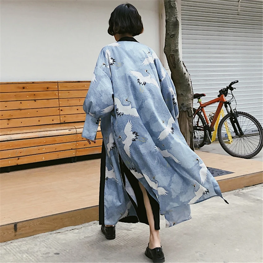 

Traditional Kimono Women Ukiyo-e Cardigan Crane Men Japanese Style Haori Long Robe Yukata Harajuku Streetwear Samurai Costume