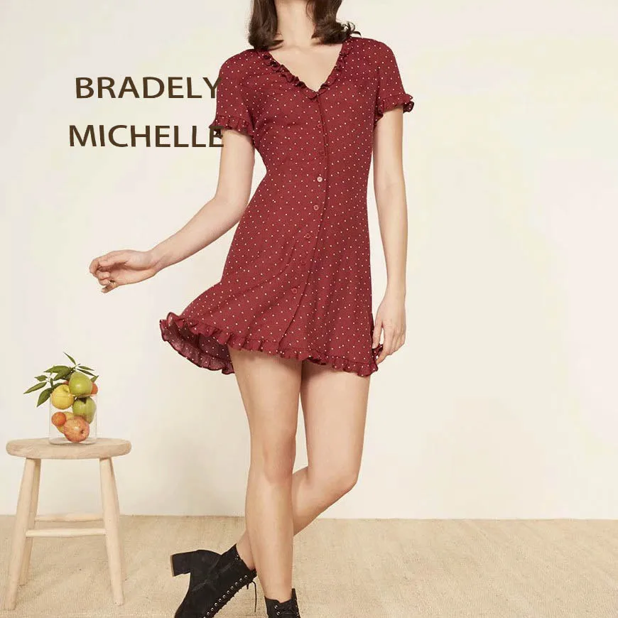 BRADELY MICHELLE 2018 summer vintage dot ruffles short-sleeve single-breasted mini dress for women
BRADELY MICHELLE 2018 summer vintage dot ruffles short-sleeve single-breasted mini dress for women