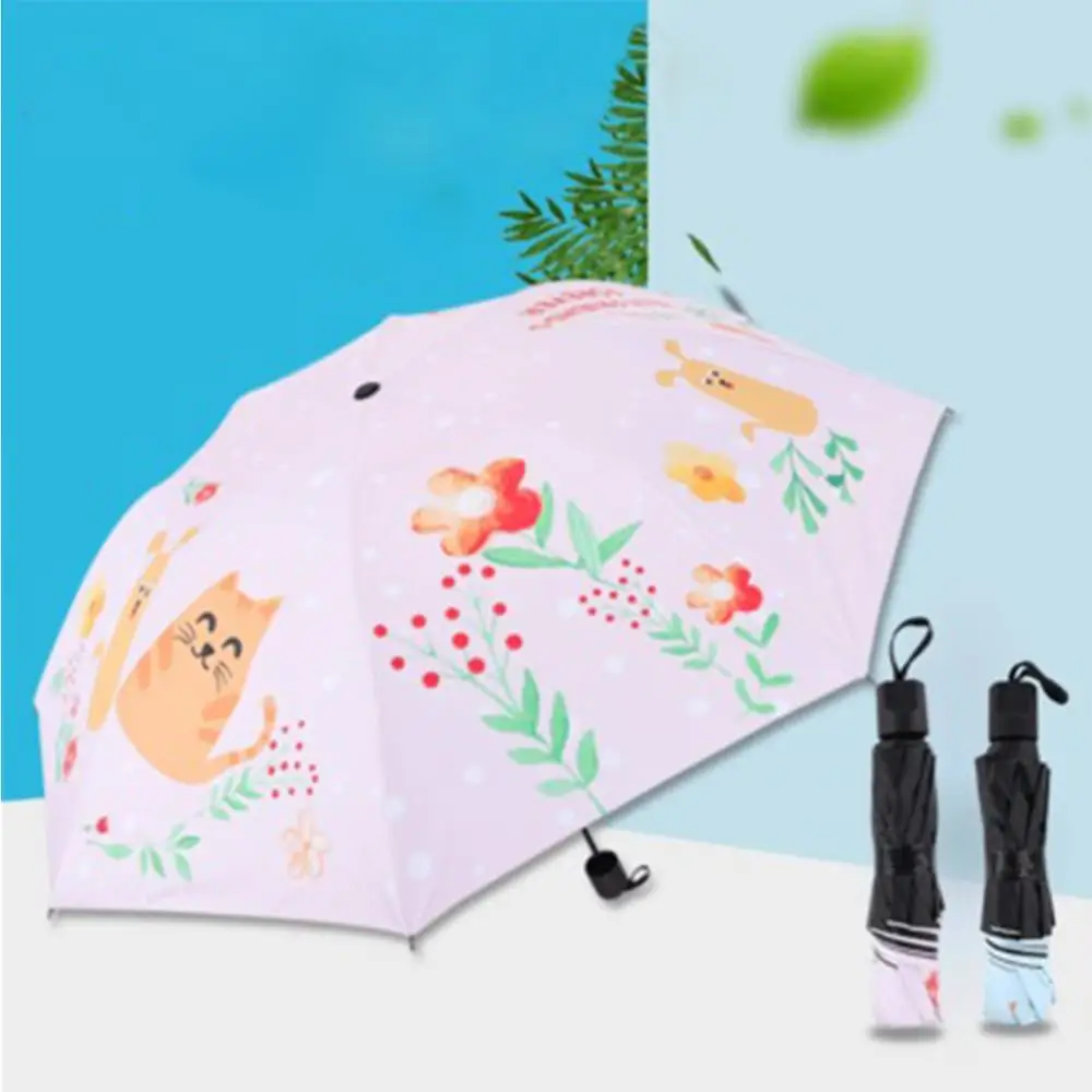 Black plastic sunscreen tri-fold sun umbrella cartoon print rain dual-use three-fold sun umbrella 
Black plastic sunscreen tri-fold sun umbrella cartoon print rain dual-use three-fold sun umbrella