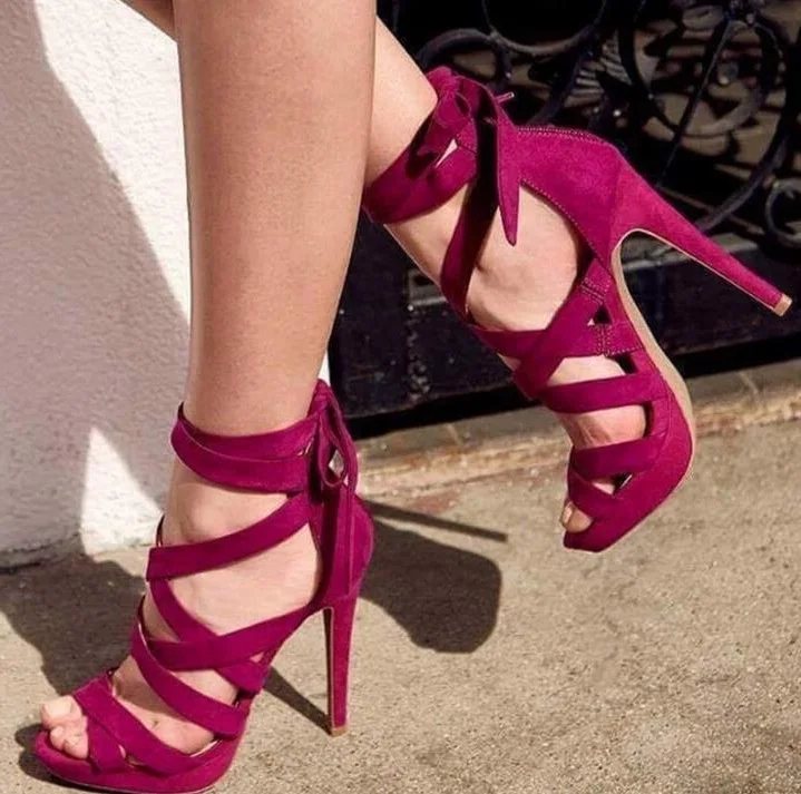 

New Designer Red Strappy Sandals Shoes Cut-out Peep Toe Ankle Strap Hollow Sandals Gladiator High Heeled Summer Dress Shoes