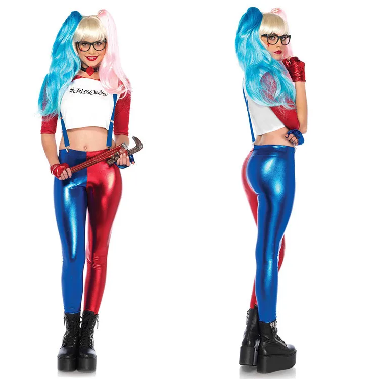 

Girl Woman Costume Halloween Sexy Circus Clown Cosplay Harley Quinn Fantasia Carnival Stage Performance Clothing Top +Jumpsuit