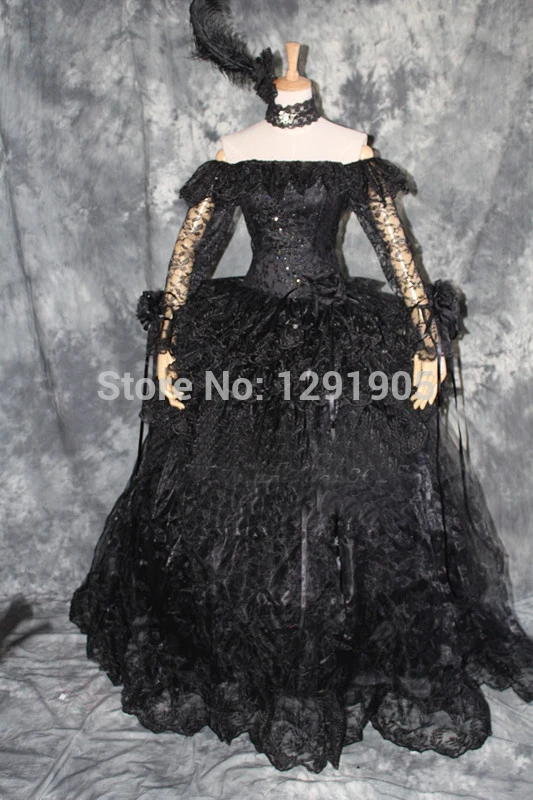 

black full lace slash collar Lilith medieval dress princess Medieval Renaissance Gown queen Costume Victorian Belle ball gown