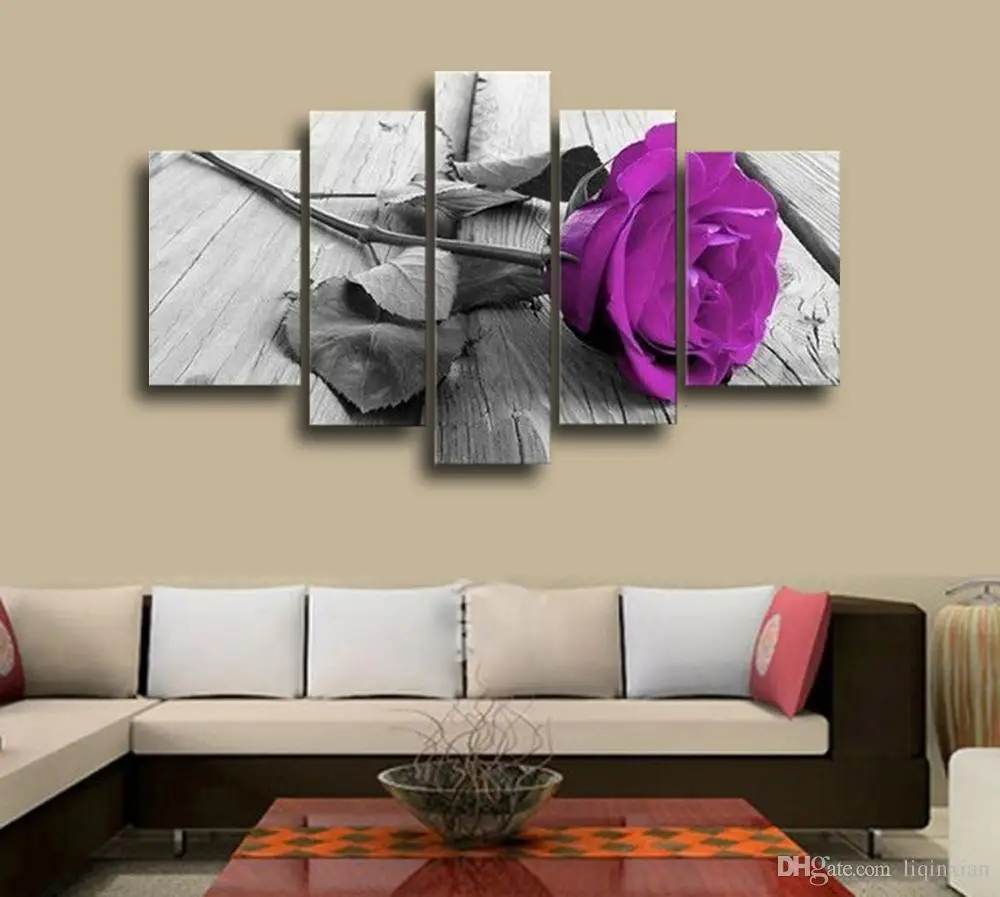 

5 Pieces Combined Flower Paintings Purple Rose Modern Wall Painting Canvas Wall Art Picture Canvas Painting Framed PJMT-49