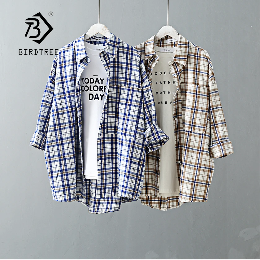 

New Arrival Women Oversize Classic Khaki Plaid Long Blouse Batwing Sleeve Curved Hem Shirt Turn-Down Collar Casual Top T96706F
