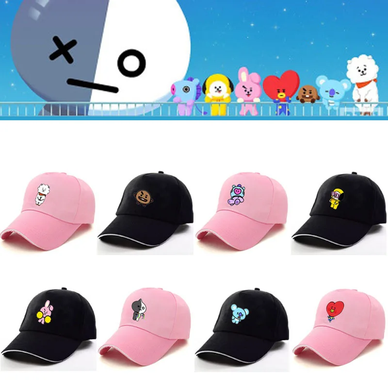 

New Kpop BTS BT21 Bangtan Cartoon Boys Q Back JUNGKOOK SUGA JHOPE JIMIN Pink Black The Same Letter Baseball Hat Peaked Cap