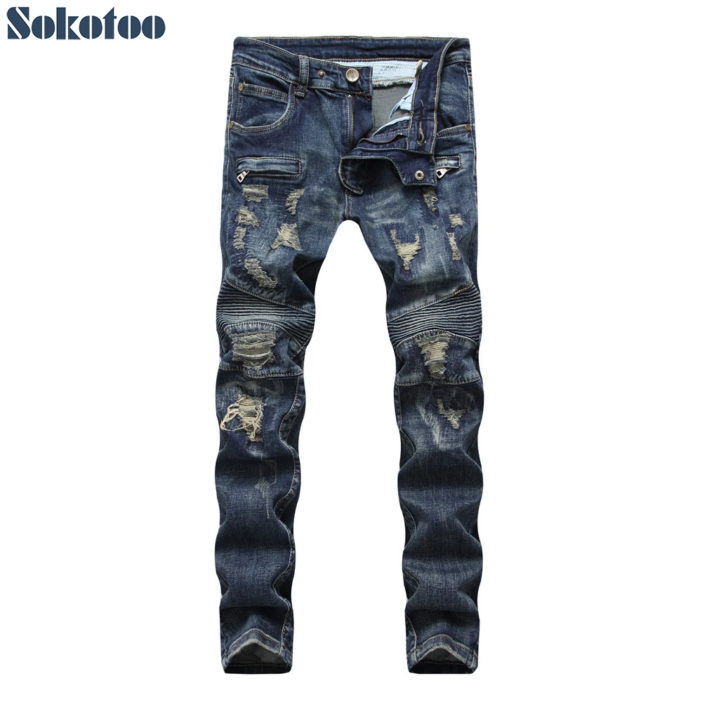 Sokotoo Men's vintage holes ripped biker jeans for moto Patchwork slim straight distressed blue denim pants
Sokotoo Men's vintage holes ripped biker jeans for moto Patchwork slim straight distressed blue denim pants
