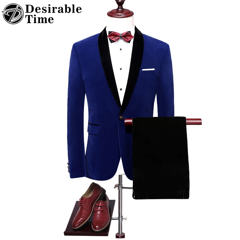 Image Royal Blue Mens Wedding Tuxedo Suit M 4XL Autumn High Quality Shawl Lapel Slim Fit Velvet Men Red Prom Suits DT059