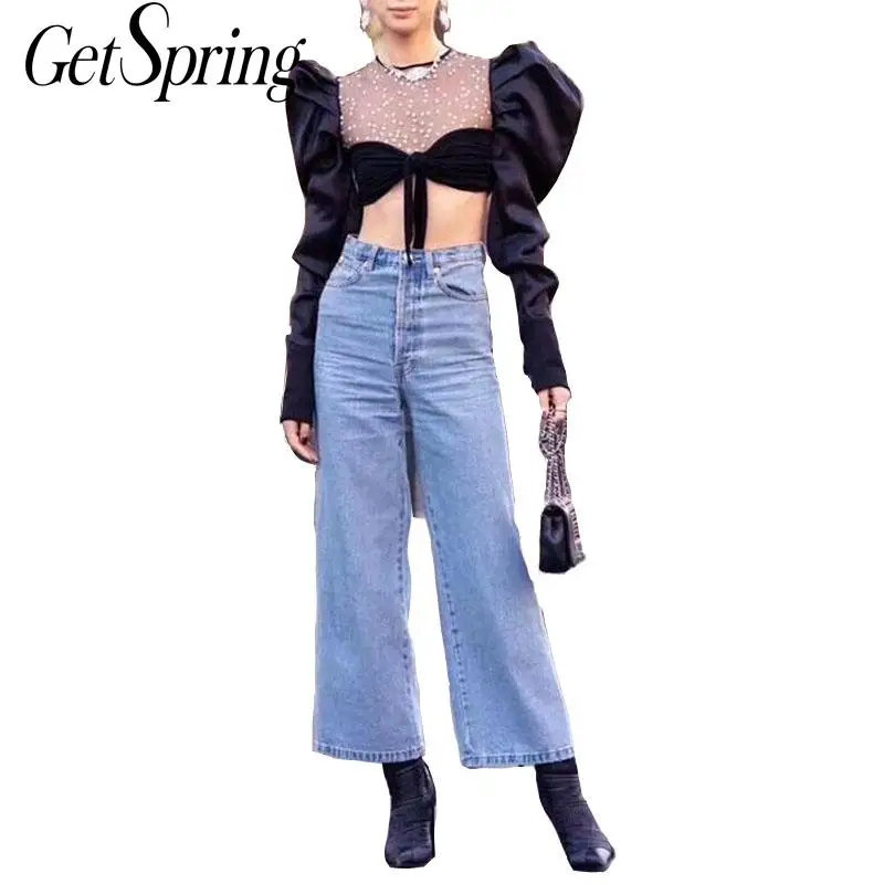GetSpring Women Blouse High Waist Crop Top Crystal Mesh Stitching Sexy Women Shirts Puff Sleeve Womens Tops Black Vintage Top
GetSpring Women Blouse High Waist Crop Top Crystal Mesh Stitching Sexy Women Shirts Puff Sleeve Womens Tops Black Vintage Top