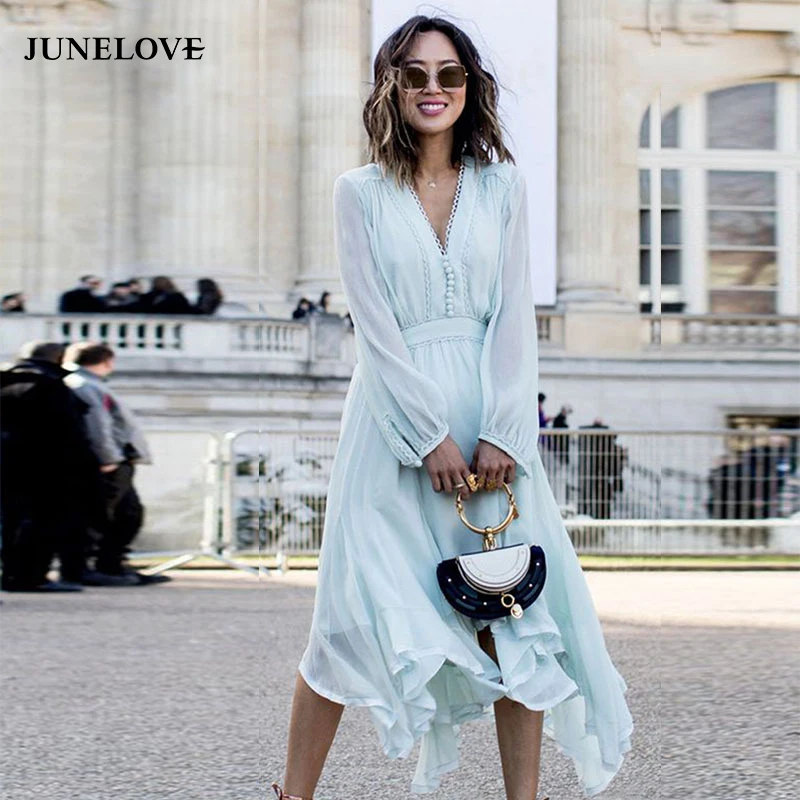 JuneLove Women Spring V-Neck Sexy Dresses Vintage Loose Female Long sleeves Irregularity lantern sleeve stemperament long Dress
JuneLove Women Spring V-Neck Sexy Dresses Vintage Loose Female Long sleeves Irregularity lantern sleeve stemperament long Dress