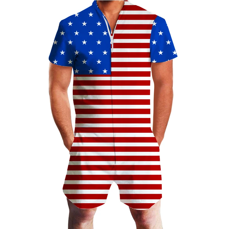 2020 Модные мужские комбинезоны с коротким рукавом с американским флагом, п...