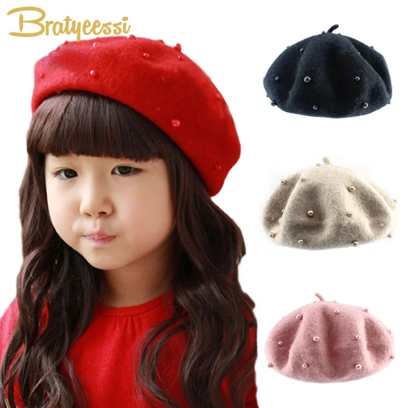 Фото Модная шерстяная детская шапка с жемчугом конфетных цветов Ретро Кепка | Головные уборы для девочек (32801227258)