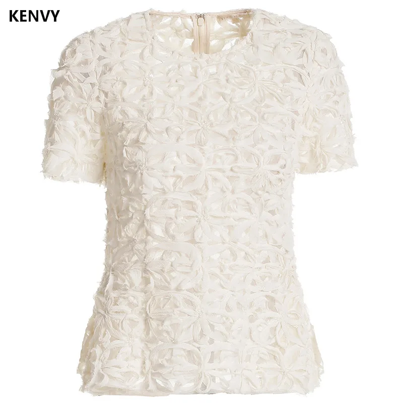 KENVY Brand fashion women's high-end luxury flower beaded round neck elegant slim short-sleeved T-shirt top
KENVY Brand fashion women's high-end luxury flower beaded round neck elegant slim short-sleeved T-shirt top