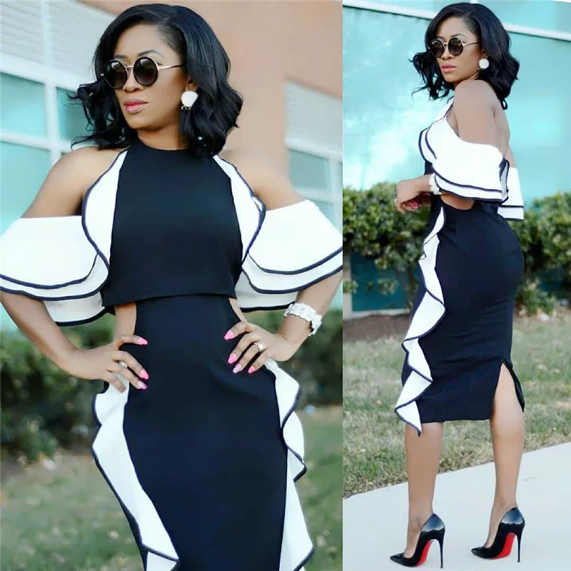 Women Cold Shoulder Ruffle Sexy Bodycon Party Dresses Elegant Fashion Halter Slim Back Split Backless Black Midi Pencil Dress
Women Cold Shoulder Ruffle Sexy Bodycon Party Dresses Elegant Fashion Halter Slim Back Split Backless Black Midi Pencil Dress