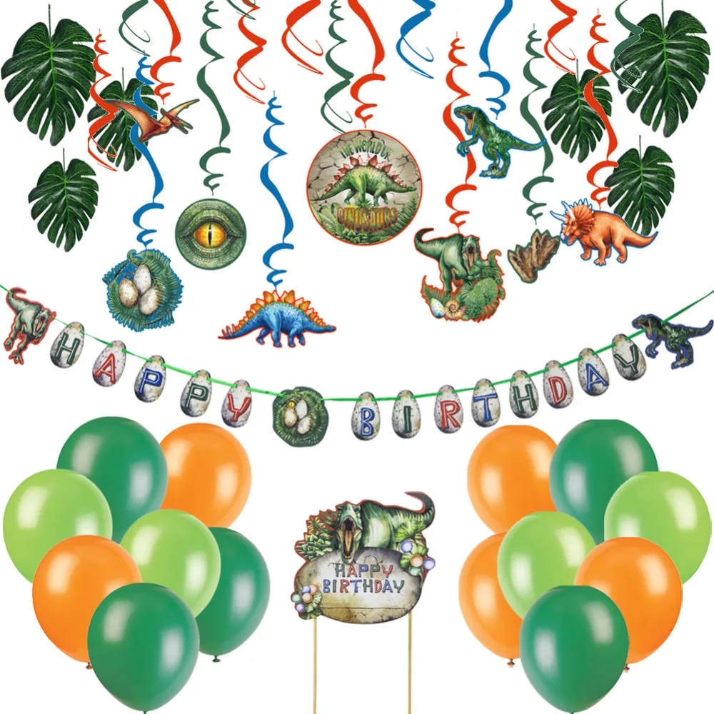 

Vintage Dinosaur Theme Birthday Party Decor Banner Foil Swiel Cake Topper Balloon Boy Kids Jungle Party T-Rex Egg