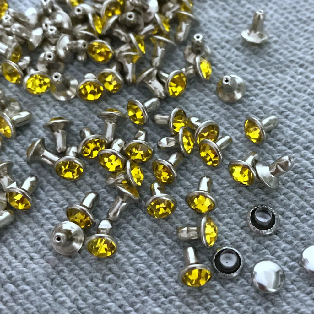 

New Coming 100Sets 6mm Lemon Yellow CZ+++ Crystals Rhinestone Rivets Silver Nailhead Citrine Spots Studs DIY Shipping Free