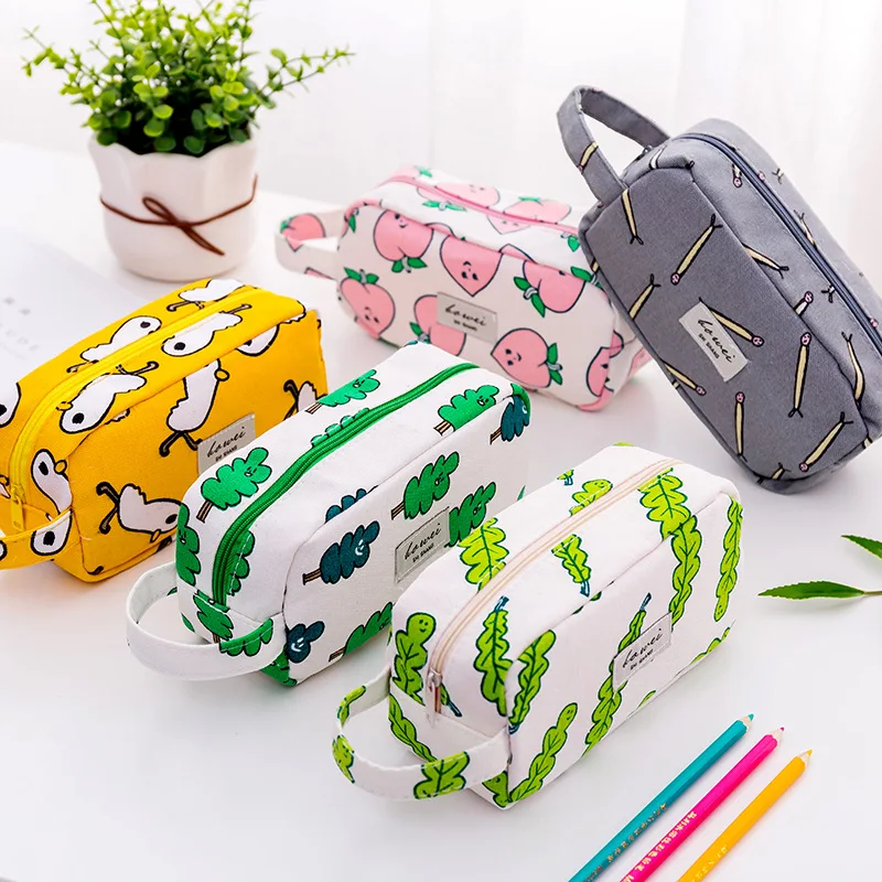 New Big Pencil Case capacity canvas Leaves Peach student pencil bag With Chain school pencil case pen curtain storage bag