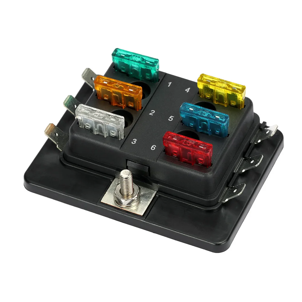 New 1 Power in 6 Way Blade Fuse Box Holder M5 stud Standard 6.3mm Spade Terminals for Car Boat Marine 12V 24V Maximum 32V
New 1 Power in 6 Way Blade Fuse Box Holder M5 stud Standard 6.3mm Spade Terminals for Car Boat Marine 12V 24V Maximum 32V