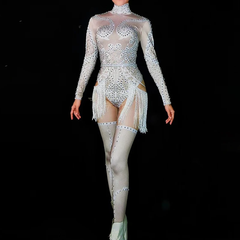 Sexy White Tassel Women Cosplay Bodysuit Sparkling Rhinestones Nightclub Party Stage Wear Jazz Dance Costumes Singer Clothing
Sexy White Tassel Women Cosplay Bodysuit Sparkling Rhinestones Nightclub Party Stage Wear Jazz Dance Costumes Singer Clothing