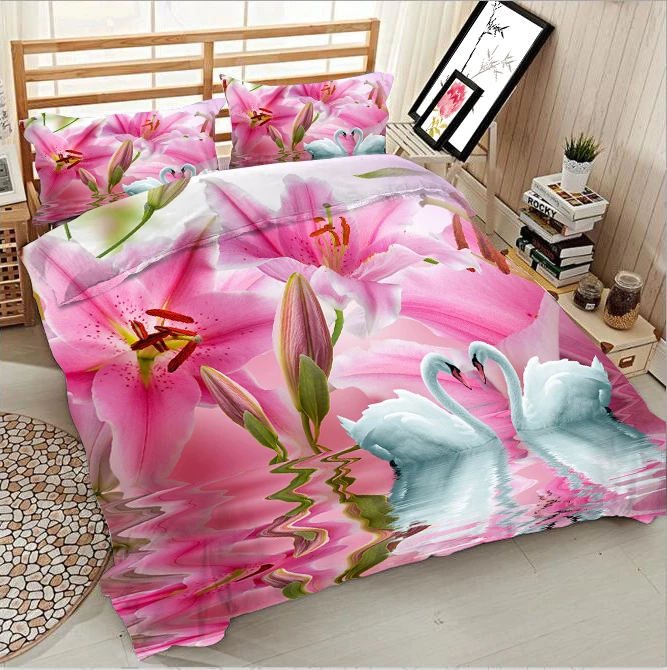 Pink flowers and white swan 3d effect photo bed linen can be customized photo pattern