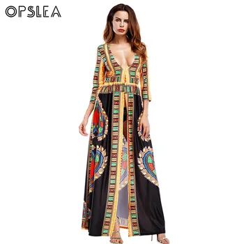 

Opslea African Long Slit Maxi Clothes National Tribal Kanga Dresses Dashiki Print Deep V-Neck Africa Elastic Dress For Women