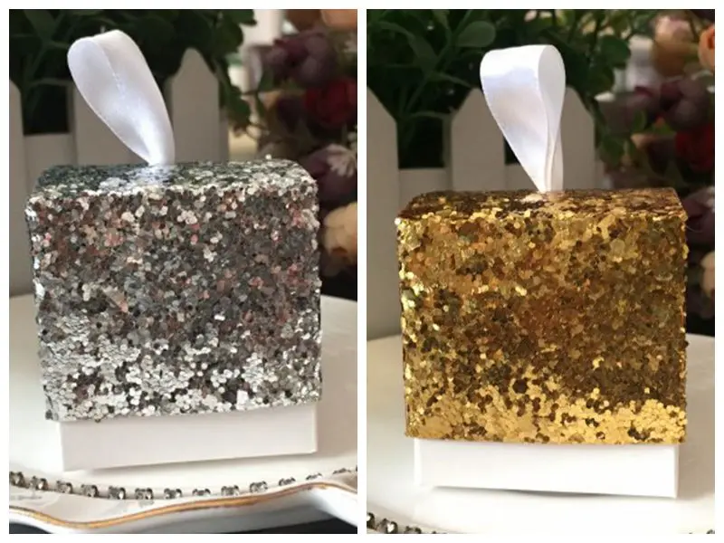 

(100 Pieces/Lot) Sparkle and Shine Silver Glitter Favor Box For Silver and Gold Wedding Favors and Bridal Party gift boxes