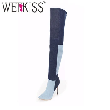 WETKISS New Customized Denim Over The Knee Women Boots Patchwork Pointed Toe High Heel Zip Footwear Spring Fashion Ladies Shoes
WETKISS New Customized Denim Over The Knee Women Boots Patchwork Pointed Toe High Heel Zip Footwear Spring Fashion Ladies Shoes