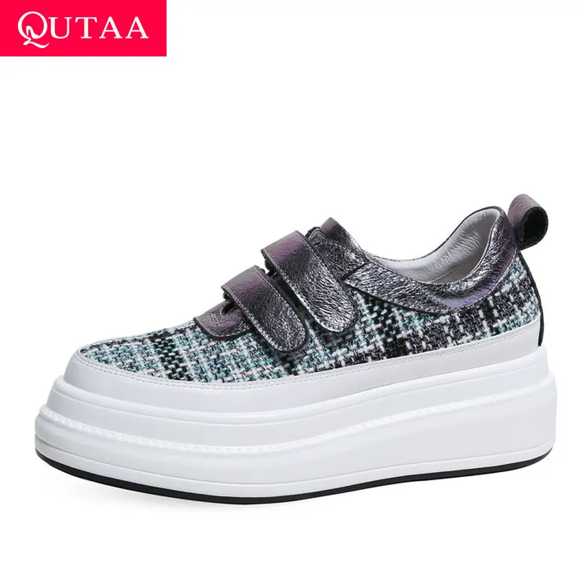

QUTAA 2019 Cow Leather Hook&Loop Height Increasing Comfort Women Shoes Round Toe Patchwork Platform Casual Sneakers Size 34-39