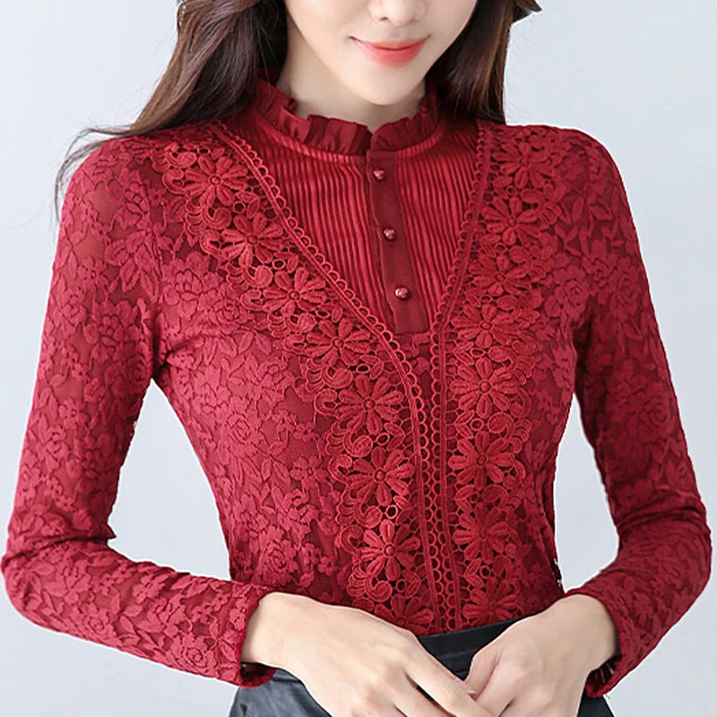 Winter Fall Sweet Office Lady Womens Red Black White Lace Long Sleeve Warm Thick Tees Tops Woman 4xl 5xl Fleece Slim T Shirts | Женская