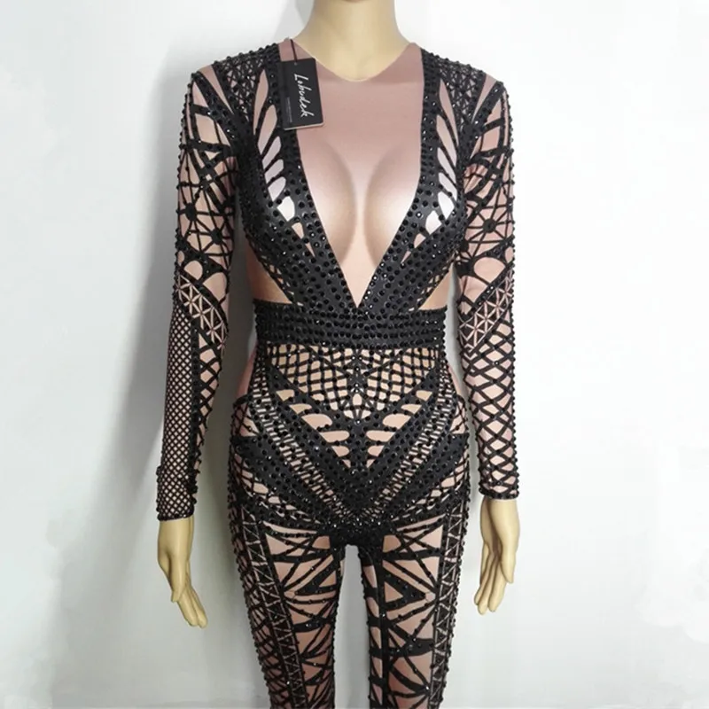 

Nude Bikini Black Rhinestones Jumpsuit Female Sexy Stage Costumes Singer Dancer Nightclub Bar Concert Party performance Costume