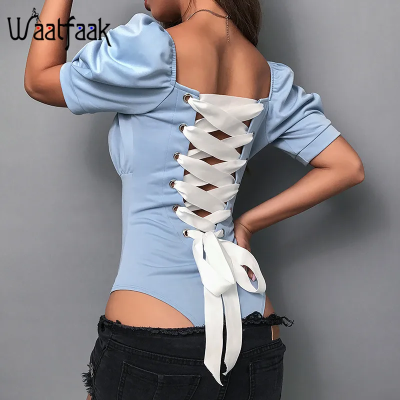 Waatfaak Short Sleeve Backless Bandage Bodysuit Women Casual Pleated Jumpsuit Lace UP Summer Square Collar Elegant Ladies Bodies
Waatfaak Short Sleeve Backless Bandage Bodysuit Women Casual Pleated Jumpsuit Lace UP Summer Square Collar Elegant Ladies Bodies