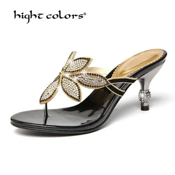 

hight colors Brand Women High Heel 6cm black blue Summer Shoes Fashion Bling Slippers Beach Flip Flops Solid Slides Women DX936