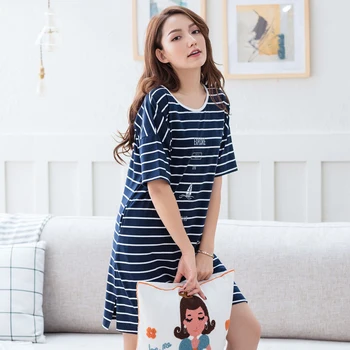 QIANXIU woman strip sleepwear short sleeve casual freshness Can wear outside pure cotton stretch women nightgowns home dress
QIANXIU woman strip sleepwear short sleeve casual freshness Can wear outside pure cotton stretch women nightgowns home dress