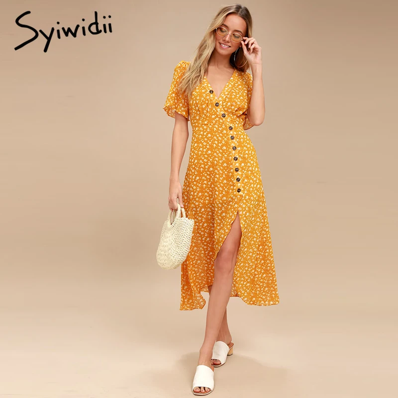 beach style boho dress women Butterfly Sleeve Empire V-Neck Button Floral A-Line sundress tea dress yellow Ruffle Asymmetrical
beach style boho dress women Butterfly Sleeve Empire V-Neck Button Floral A-Line sundress tea dress yellow Ruffle Asymmetrical