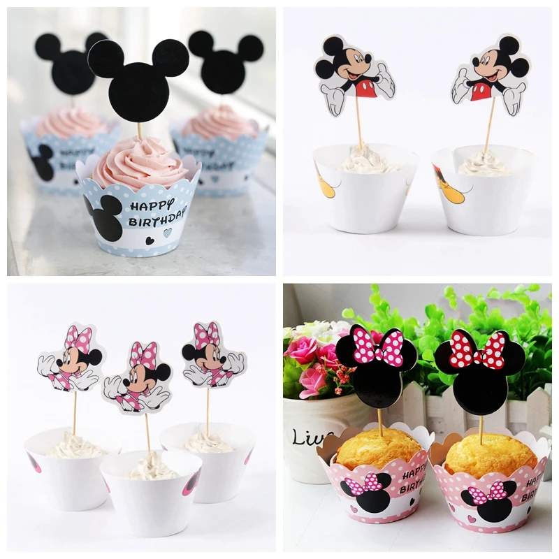 

24pcs Cartoon Mickey Minnie Mouse Cupcake Wrappers Toppers pick Kids Baby Birthday Party Supplies Wedding Cups Cake Decoration