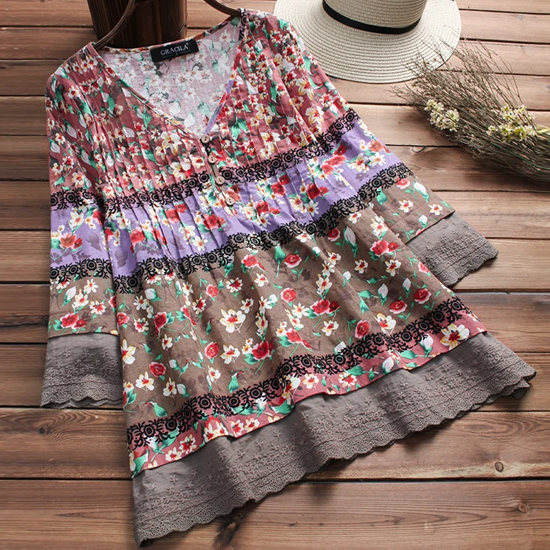 2019 Autumn Women Vintage Floral Printed V Neck 3/4 Sleeve Blouse Casual Female Loose Cotton Linen Shirt Patchwork Flower Top
2019 Autumn Women Vintage Floral Printed V Neck 3/4 Sleeve Blouse Casual Female Loose Cotton Linen Shirt Patchwork Flower Top