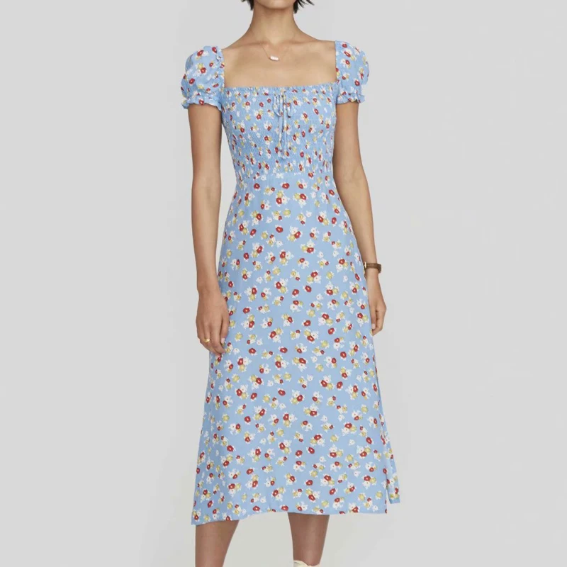 Prairie Chic Women Vintage Square Collar Short Puff Sleeve A-line Mid-calf Dress Empire Women Blue Floral Printed A-line Dress
Prairie Chic Women Vintage Square Collar Short Puff Sleeve A-line Mid-calf Dress Empire Women Blue Floral Printed A-line Dress