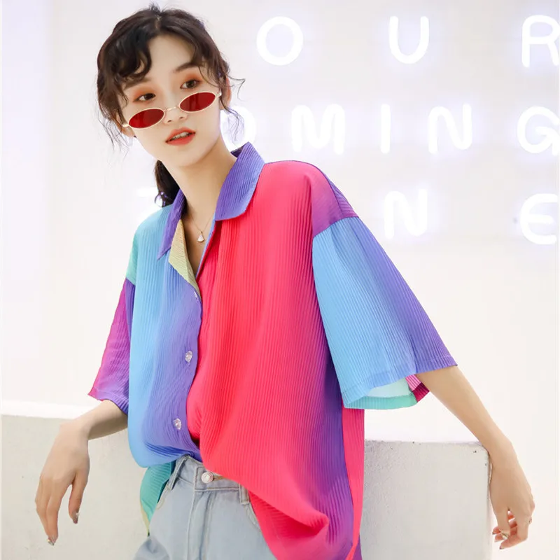 CBAFU new fashion colorful patchwork vintage pleated shirt women blouse summer turn down collar loose casual tops female D721
CBAFU new fashion colorful patchwork vintage pleated shirt women blouse summer turn down collar loose casual tops female D721