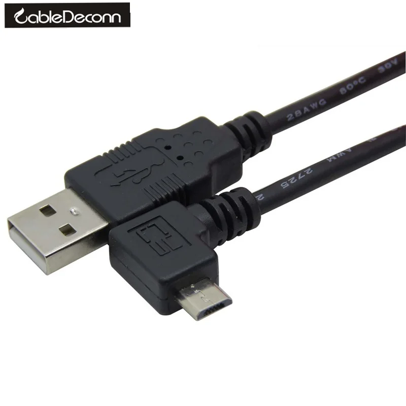 CableDeconn Left 90 Degree Angled Micro USB B Male to USB A Male Data Charge Cable