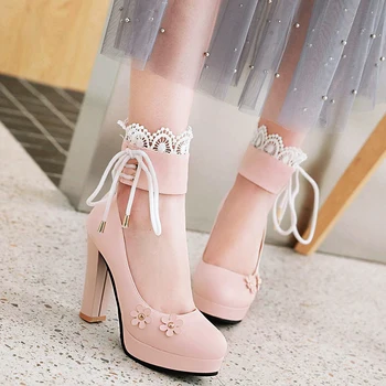 Rimocy plus size 43 lace ankle strap pink leather princess shoes woman 2019 lovely thick square super high heels platform pumps 
Rimocy plus size 43 lace ankle strap pink leather princess shoes woman 2019 lovely thick square super high heels platform pumps