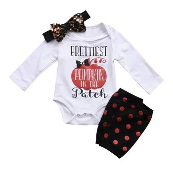 Halloween Baby Clothing Pumpkin Print Full Sleeve Bodysuit Tops+Dots Leg Warmer Sequins Bow Headband 2017 New Clothes for sale
Halloween Baby Clothing Pumpkin Print Full Sleeve Bodysuit Tops+Dots Leg Warmer Sequins Bow Headband 2017 New Clothes for sale